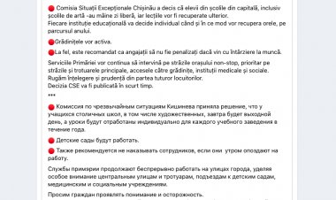 ●Comisia Situații Excepționale Chișinău a decis că elevii din școlile din capitală, inclusiv școlile de artă -au mâine z...