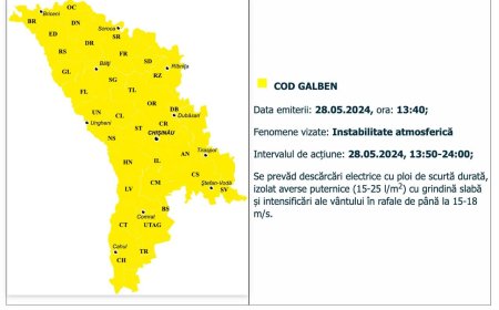 ATENȚIE "Cod galben" de instabilitate atmosferică. Se prevăd ploi cu descărcări electrice și grindină.