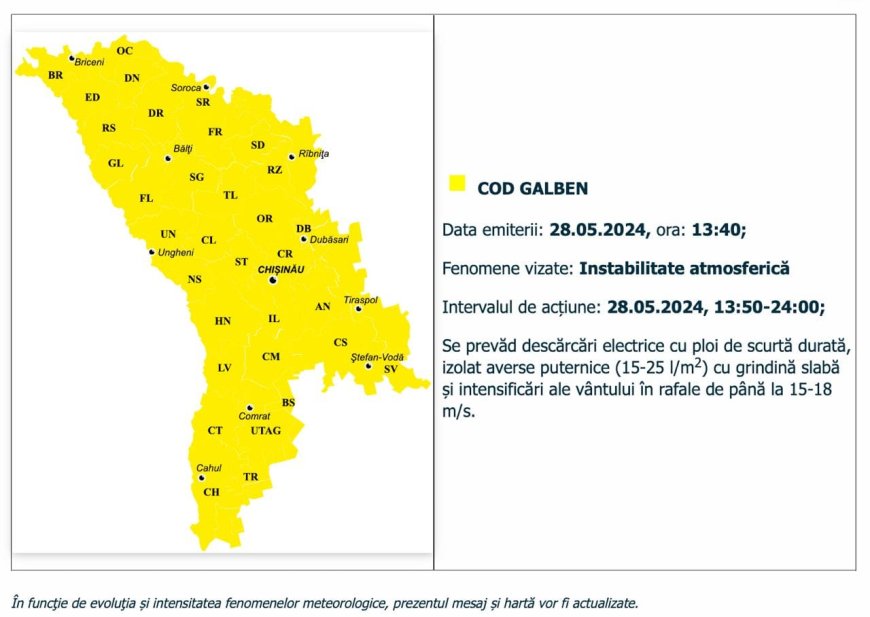ATENȚIE "Cod galben" de instabilitate atmosferică. Se prevăd ploi cu descărcări electrice și grindină.