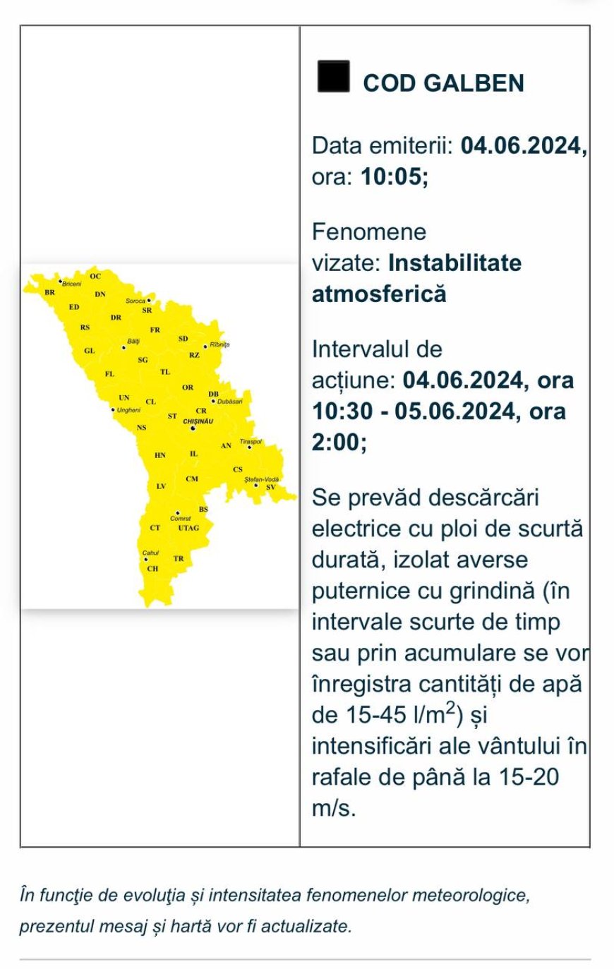 ATENȚIE, Cod galben de instabilitate atmosferică. Se prevăd descărcări electrice cu ploi de scurtă durată.