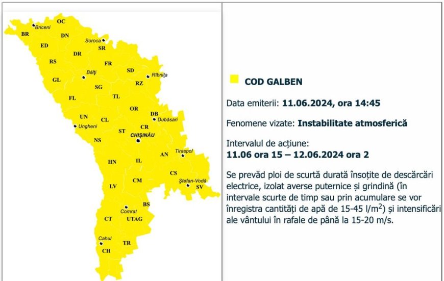ATENȚIE, Cod Galben de instabilitate atmosferică.