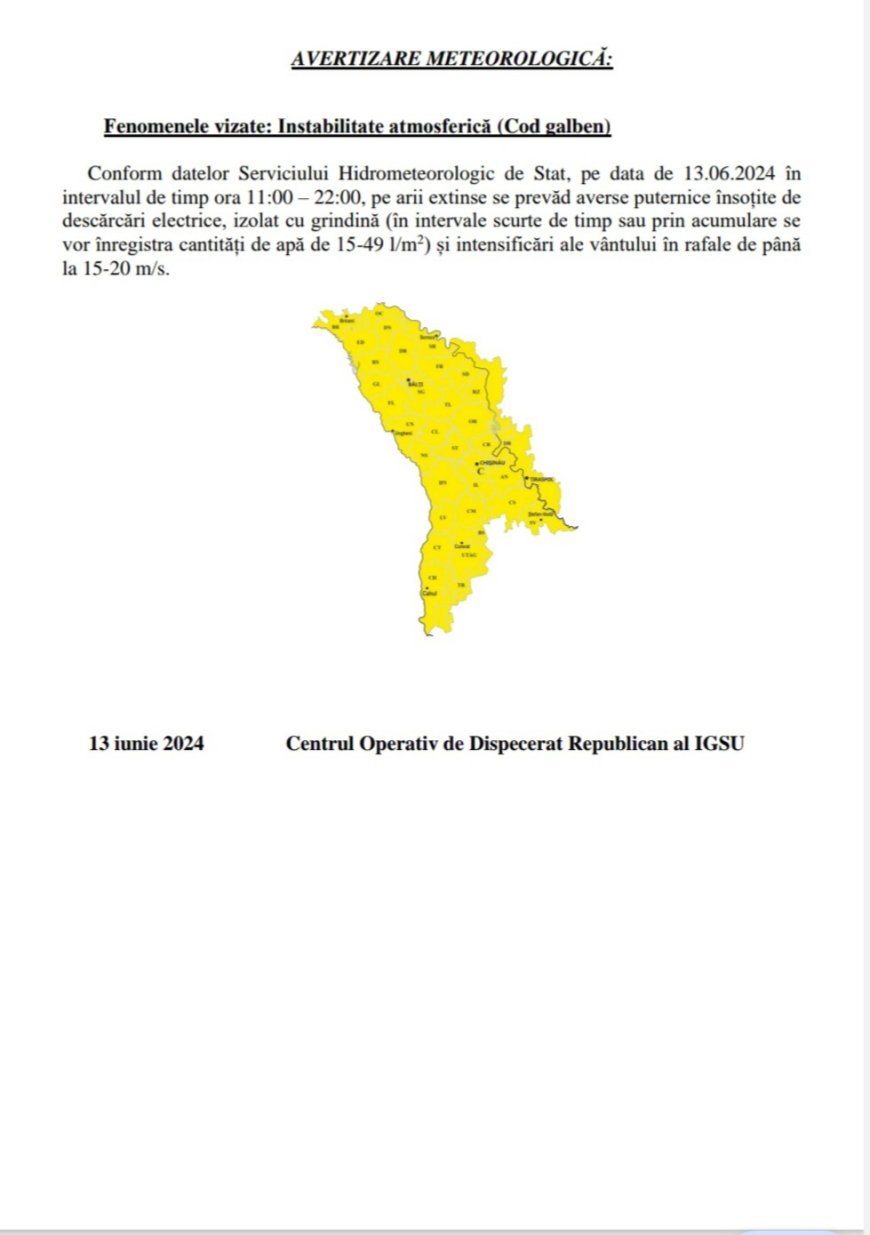 Primăria Municipiului Chișinău ATENȚIONEAZĂ. Cod Galben de instabilitate atmosferică.