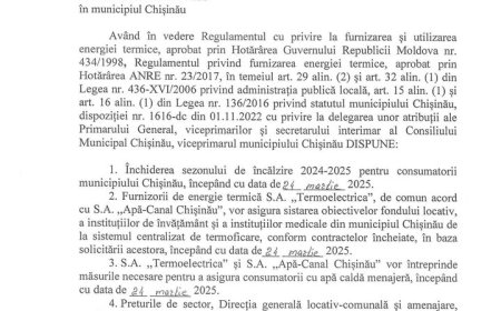 Primăria Municipiului Chișinău informează că de luni, 24 martie 2025 se declară închis sezonul termic 2024-2025.