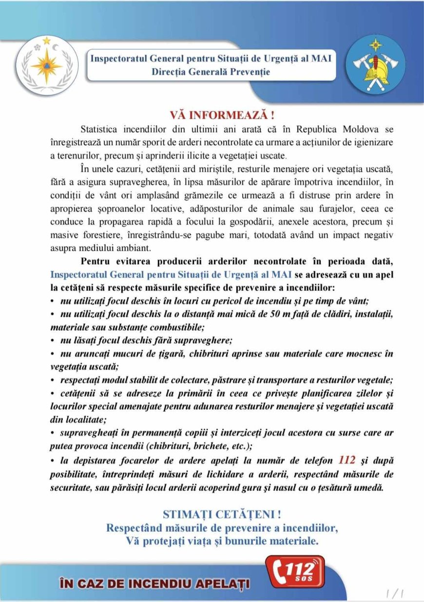 Pretura sectorului Rîșcani informează cetățenii despre riscul incendierii vegetației uscate