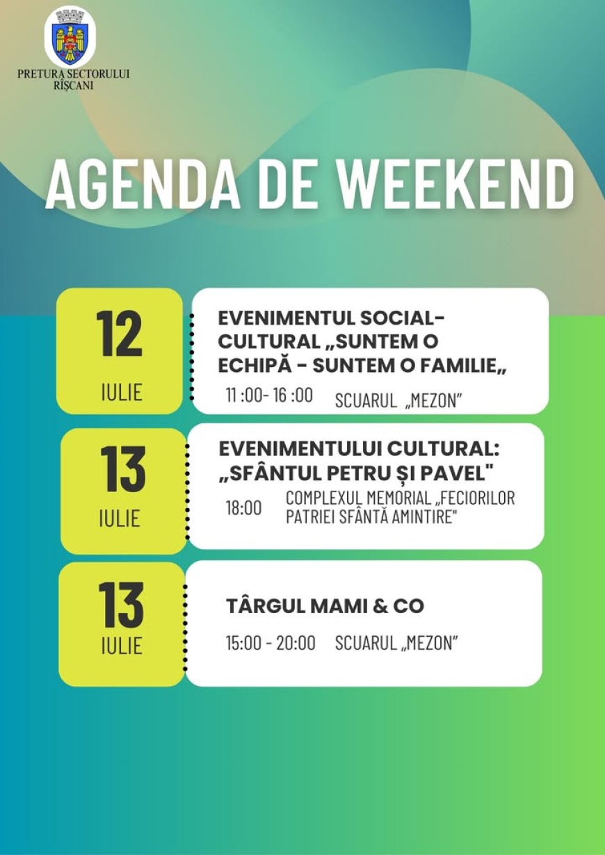 Agenda de weekend a evenimentelor din sectorul Rîșcani al Capitalei.