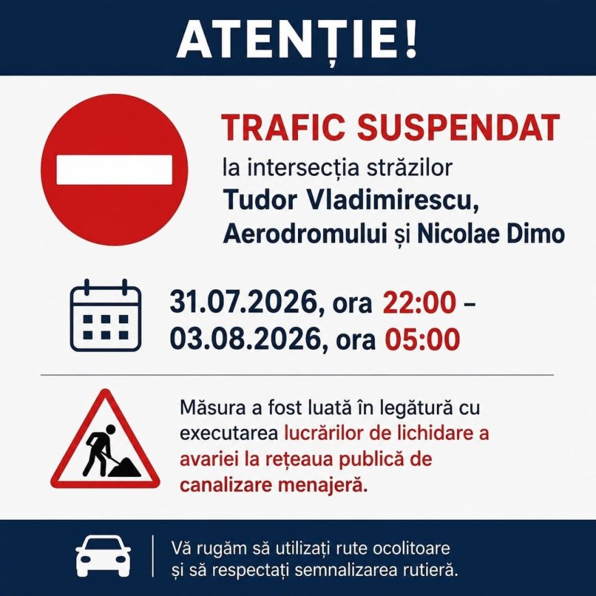 Suspendarea totală a traficului rutier la intersecția dintre str. Tudor Vladimirescu, Aerodromului și Nicolae Dimo